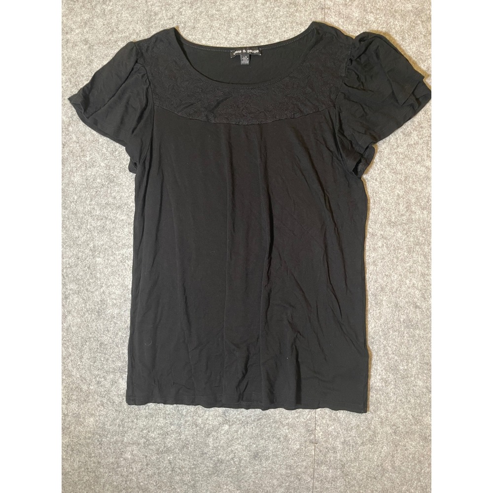 Cable & Gauge Black Lace Yoke Flutter Sleeve Top Blouse Size Large